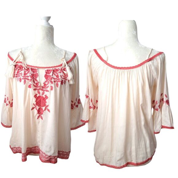 Love Sam Women's Cold Shoulder Salmon Pink Embroidered Boho Hippie Top  Sz XS - Picture 2 of 8